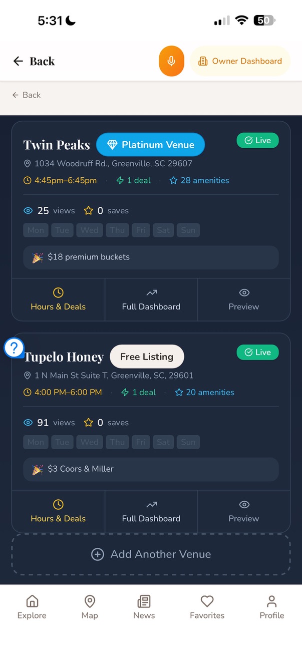 Owner dashboard listing Twin Peaks as a Platinum venue and Tupelo Honey as a free listing