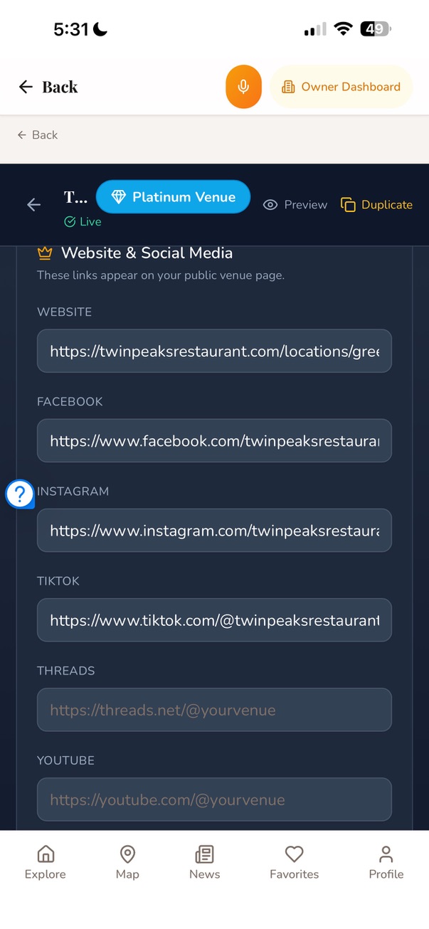 Venue editor showing website and social media links for a Platinum venue