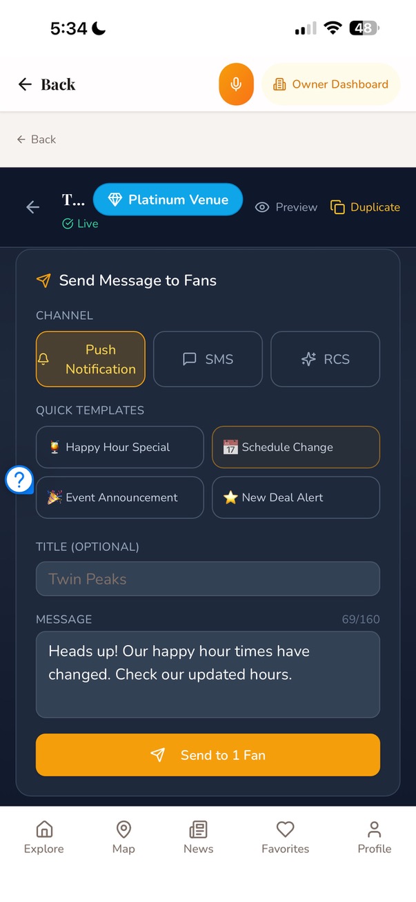 Send message to fans screen with push notification, SMS, and RCS channel options