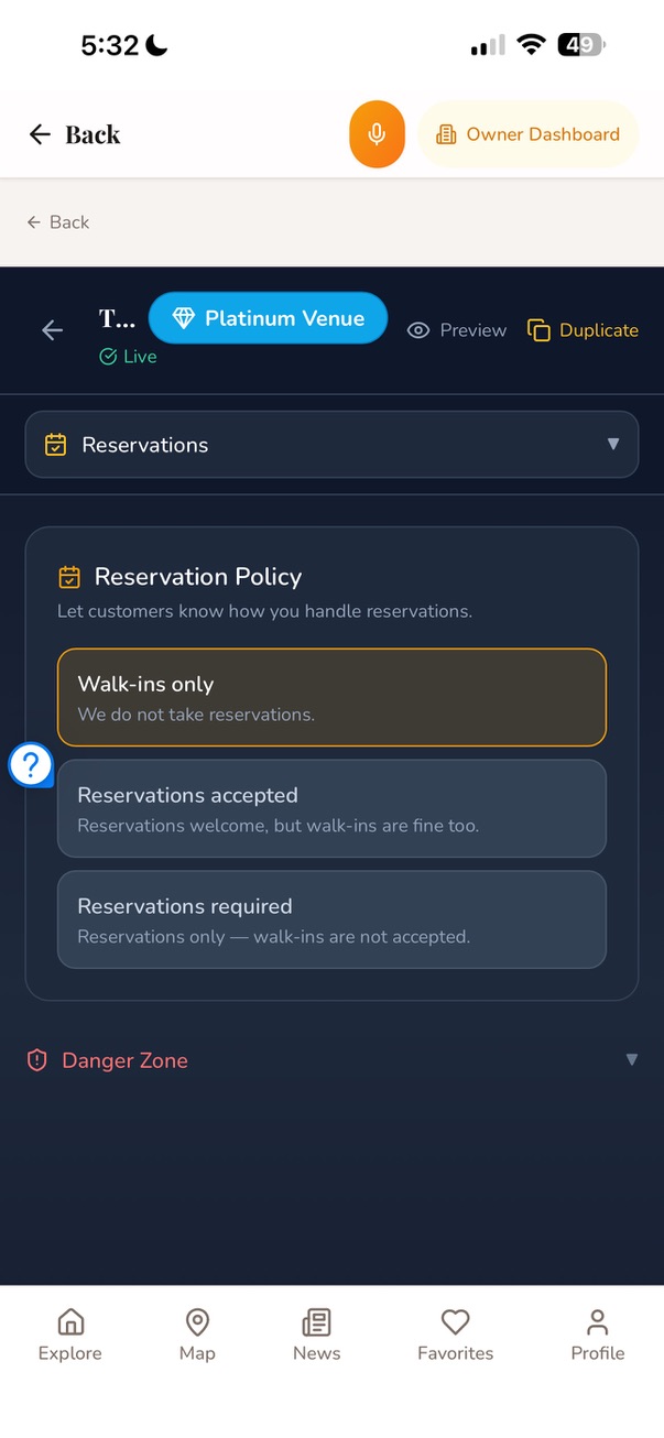 Reservation policy picker with walk-ins only, reservations accepted, and reservations required