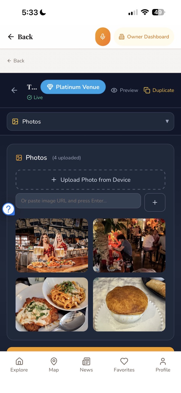 Photo manager with four uploaded venue photos of food and guests