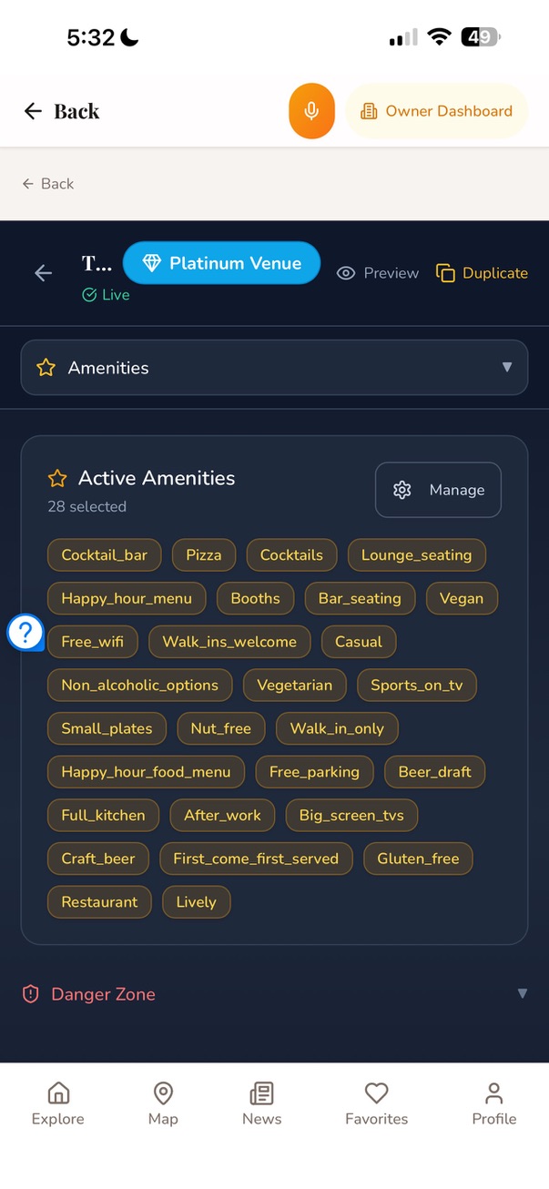 Amenities manager showing 28 active amenities selected for a venue